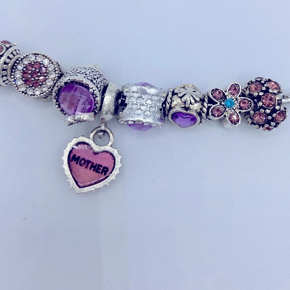 Silver Toned Textured Add-a-Bead Pink Rhinestone, Dangling Mother Bead Bracelet - Picture 2 of 6